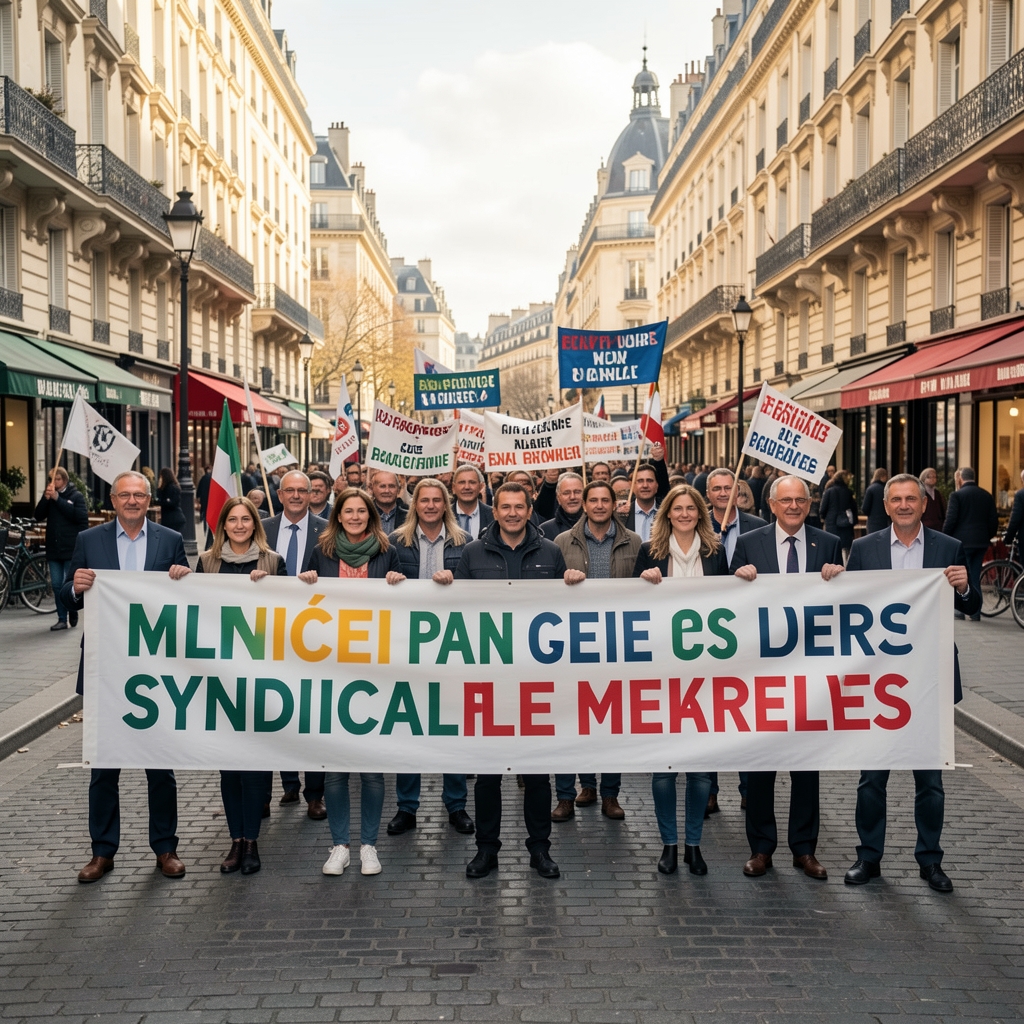 Manifestation syndicale pacifique dans les rues de Paris avec banderoles et délégués représentant plusieurs secteurs professionnels