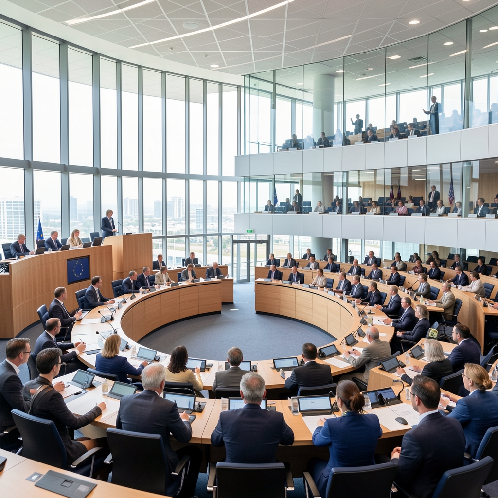 Réunion de travail du Parlement européen à Bruxelles avec eurodéputés en session plénière et interprètes dans leurs cabines vitrées