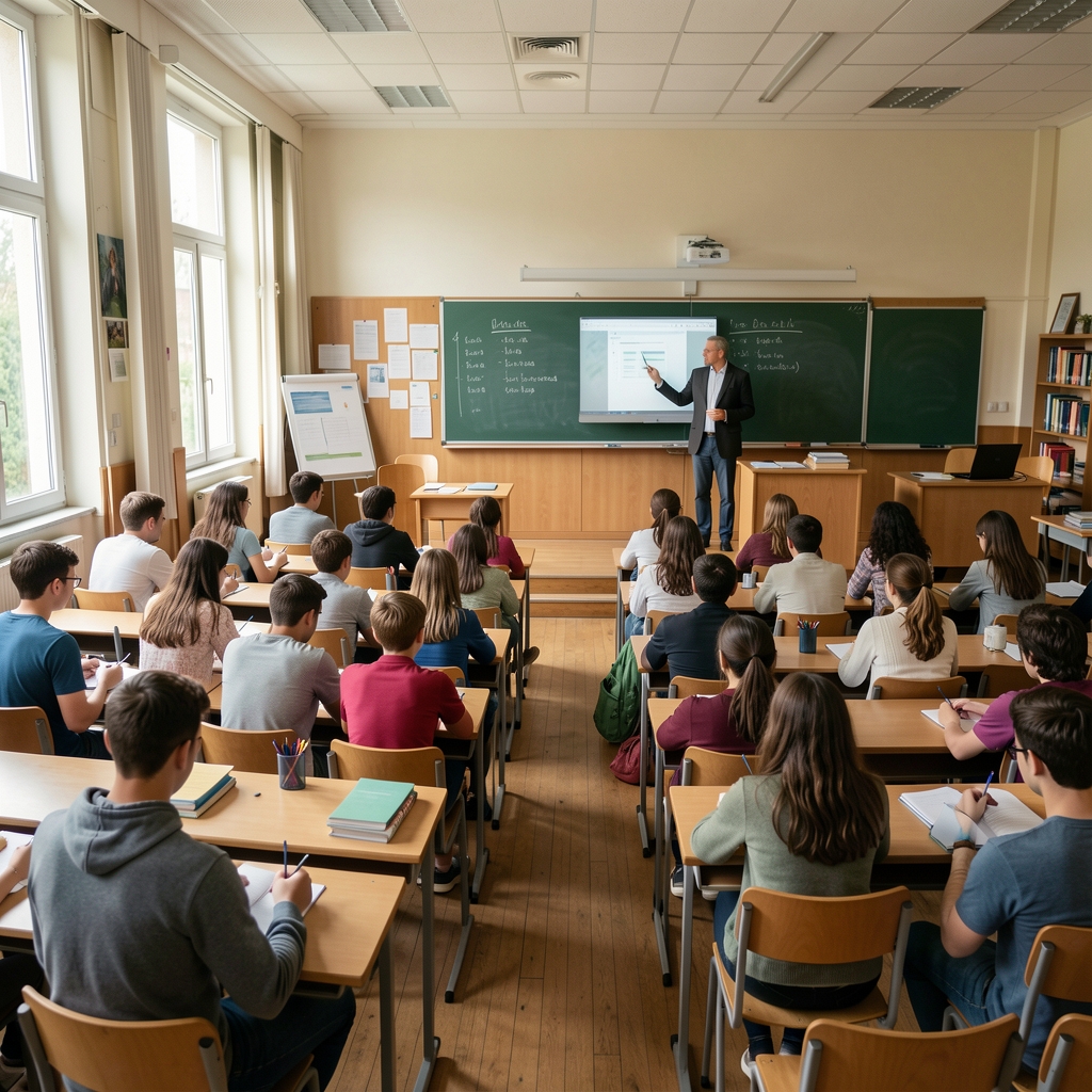 Salle de classe universitaire française avec amphithéâtre, étudiants prenant des notes et professeur au tableau devant un auditoire attentif