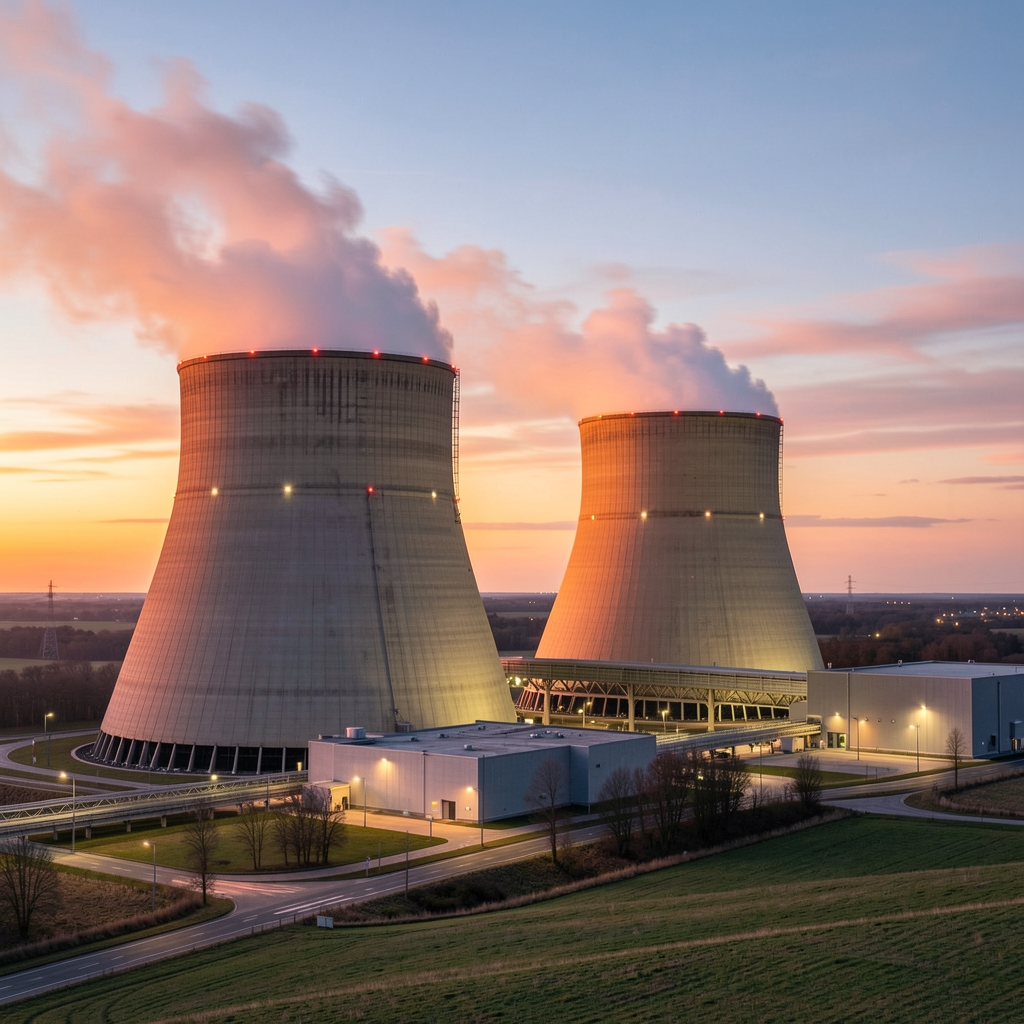 Centrale nucléaire française avec ses tours de refroidissement éclairées au coucher du soleil, symbole du débat énergétique national