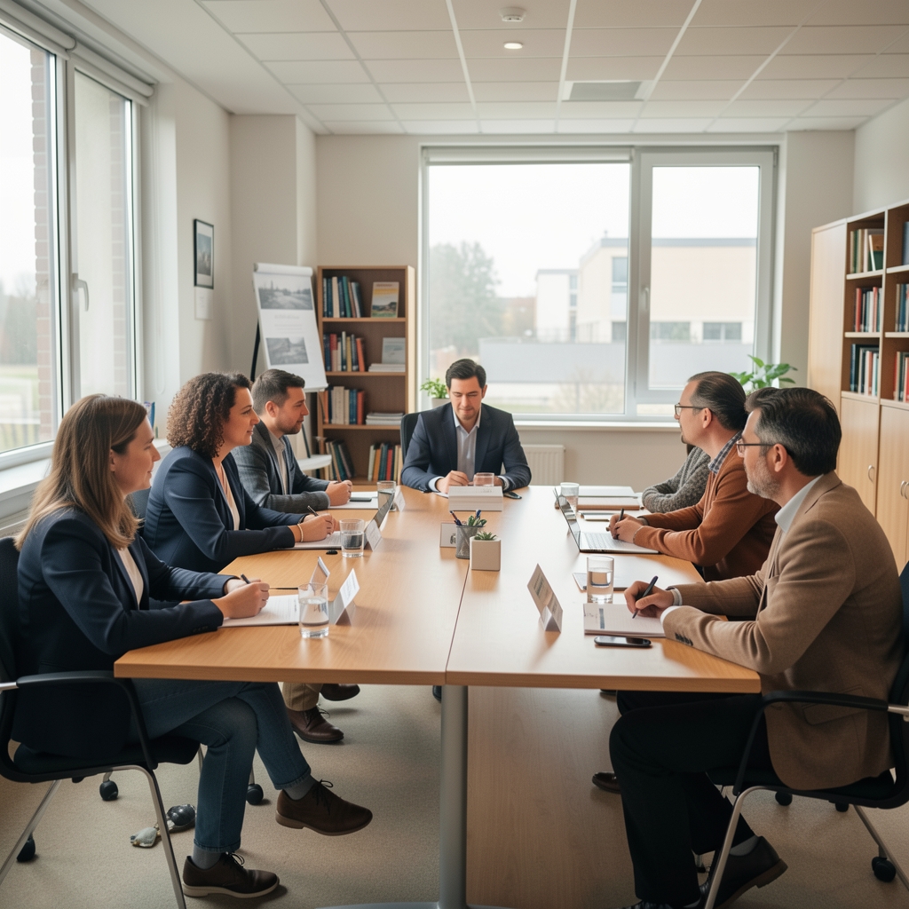 Professeurs et élèves dans une salle de classe française moderne avec tableaux numériques interactifs et mobilier contemporain