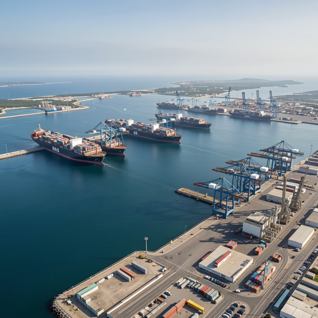 Vue aérienne d'un port industriel méditerranéen avec conteneurs colorés, grues portuaires et navires marchands à quai