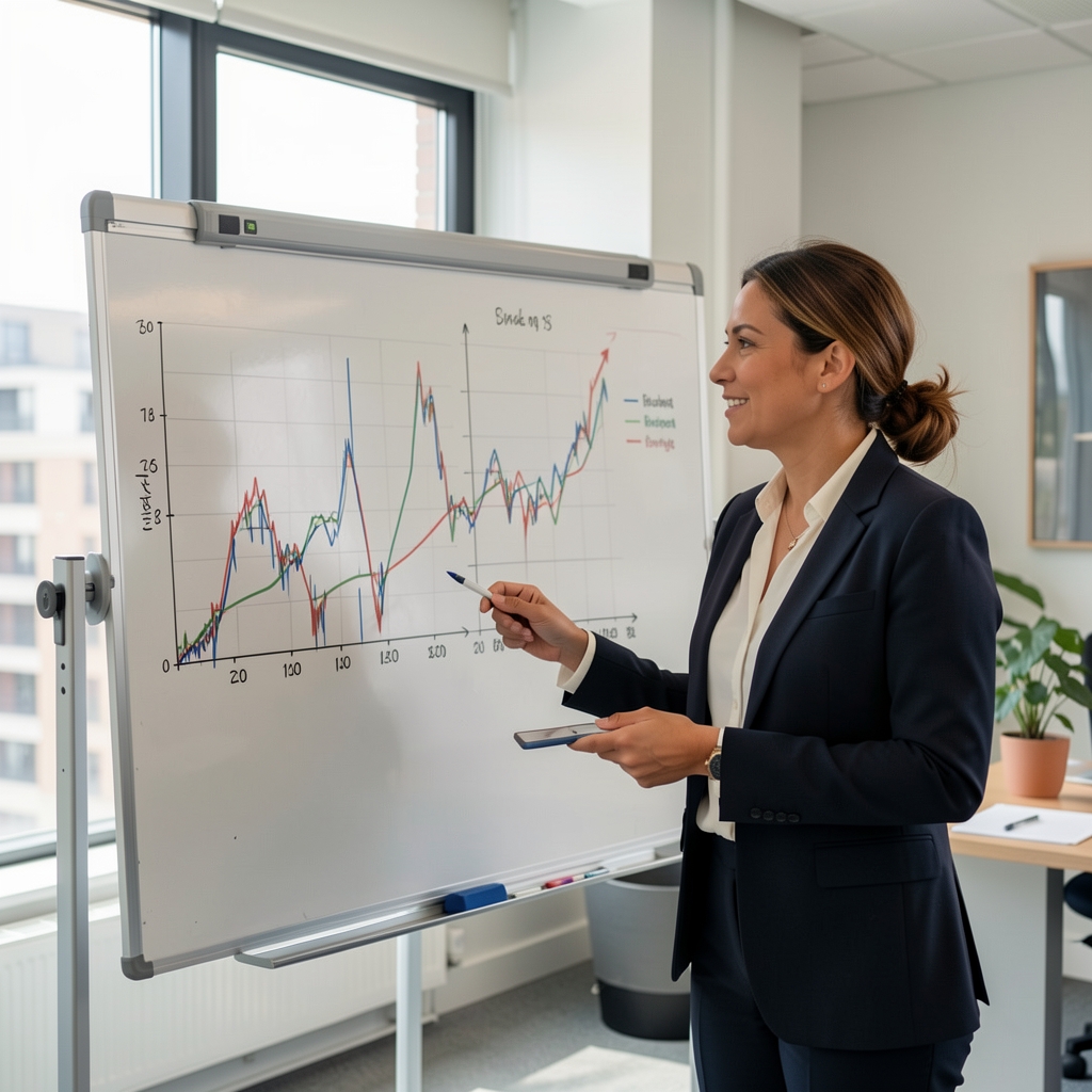 Économiste française présentant des données macroéconomiques sur tableau blanc dans un bureau d'analyse financière à Paris