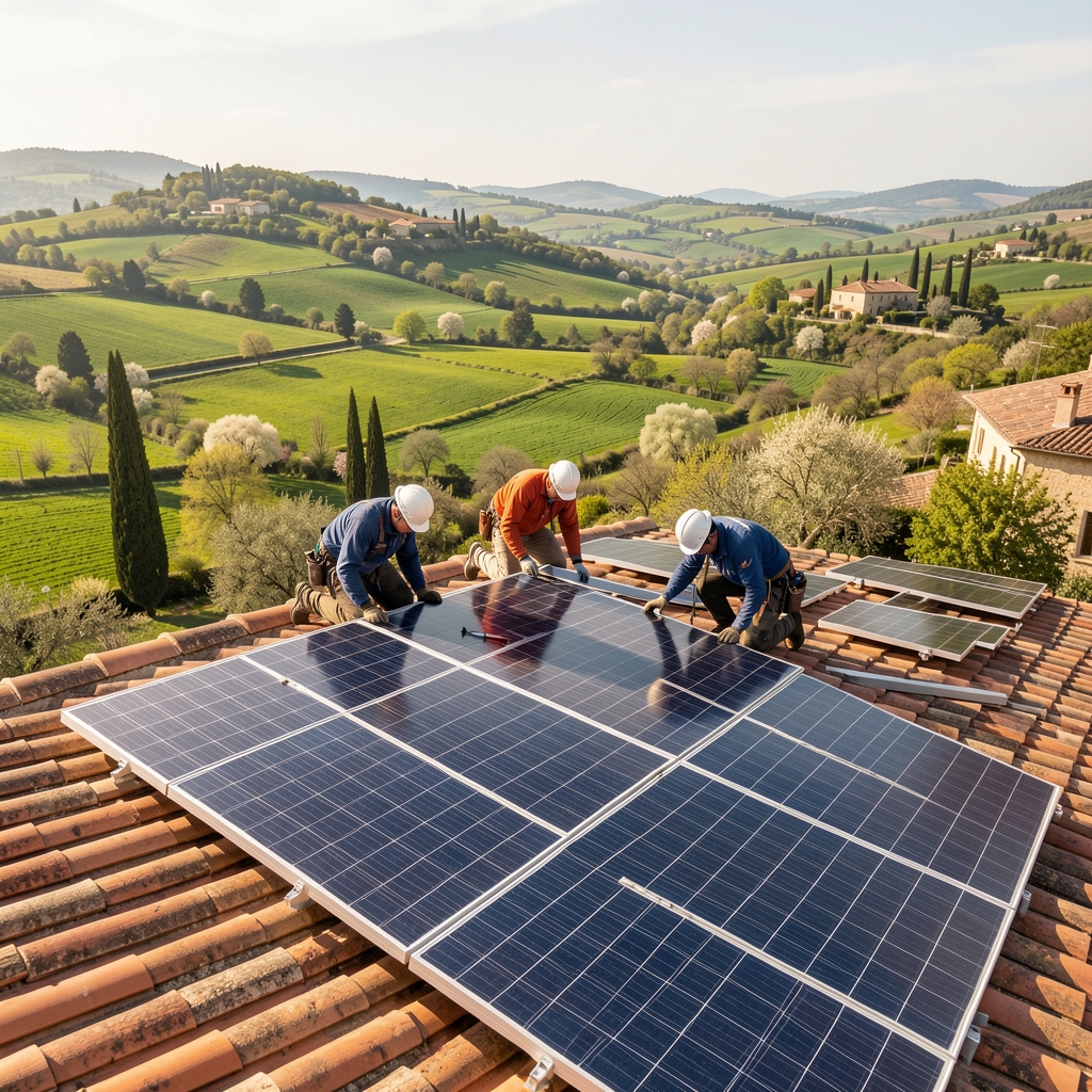 Techniciens installant des panneaux photovoltaïques sur un toit en Provence, avec vue sur une vallée verdoyante au printemps