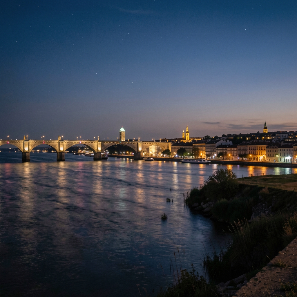 Vue nocturne d'un quartier d'affaires européen avec immeubles de bureaux illuminés reflétés dans un lac artificiel