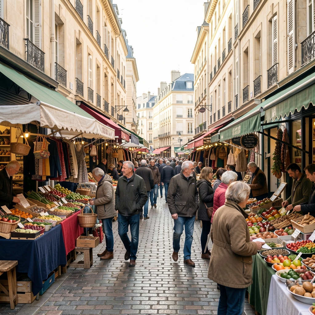 Scène de vie sociale dans un quartier populaire français avec marché de plein air, commerçants et clients de toutes générations