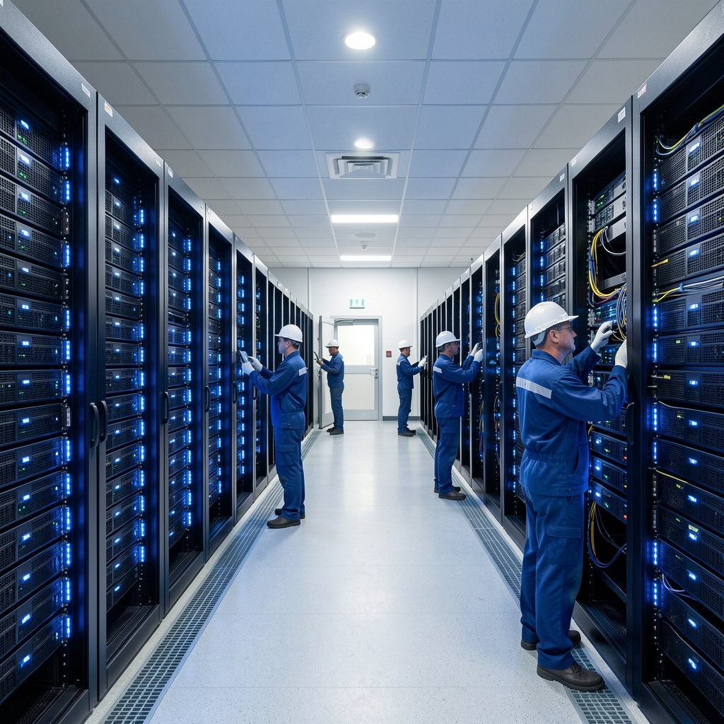 Salle de serveurs informatiques avec rangées de racks lumineux bleus et techniciens effectuant une maintenance dans un datacenter