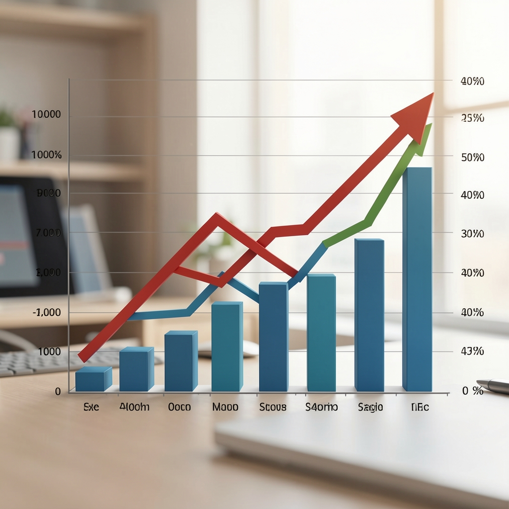 Graphique économique en hausse sur fond d'un bureau d'économiste avec documents financiers et calculatrice posés sur une table en bois