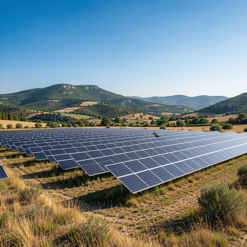 Paysage de panneaux solaires installés dans une plaine du sud de la France avec collines verdoyantes en arrière-plan sous ciel bleu