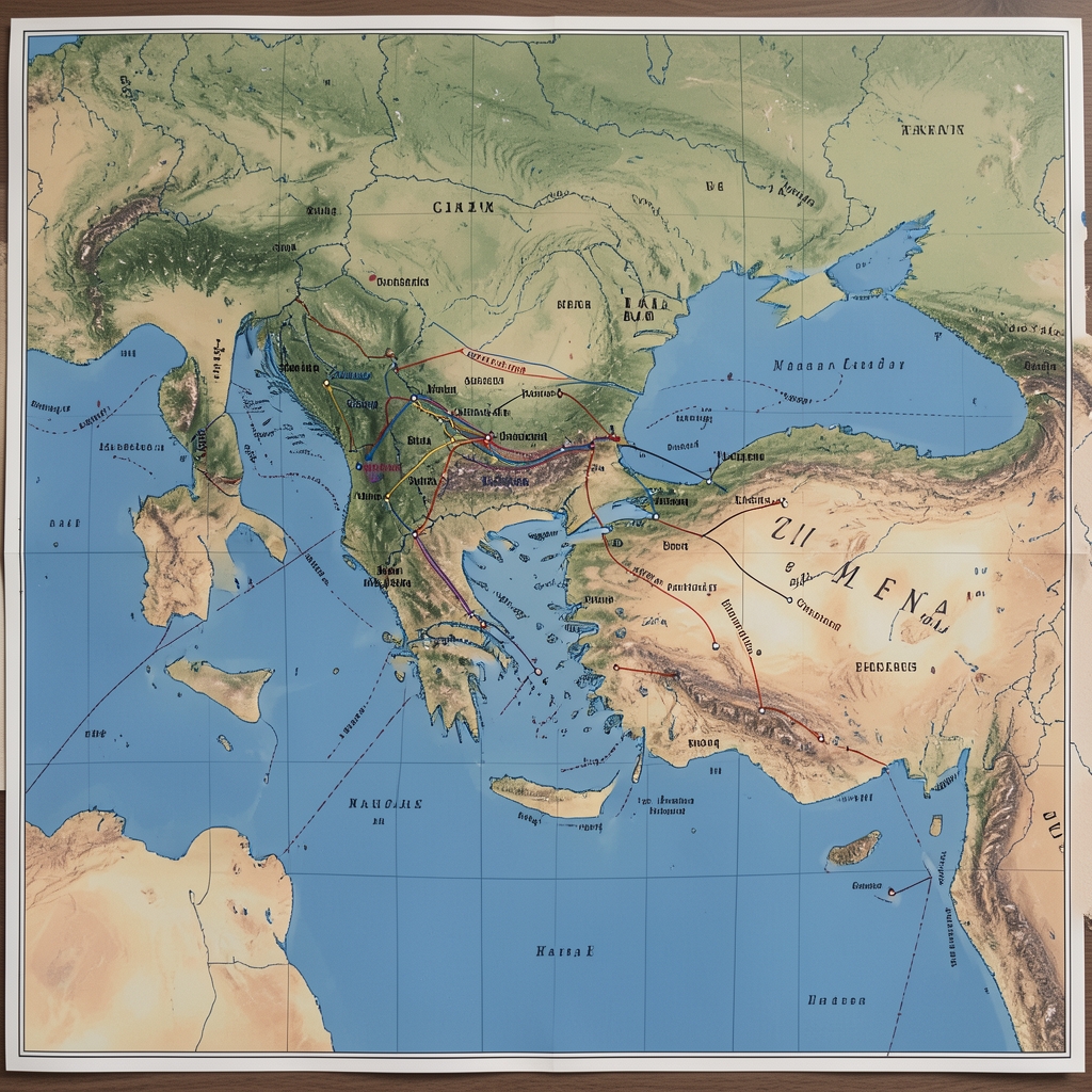 Carte géopolitique mondiale avec zones de tension marquées, vue depuis une salle d'analyse stratégique avec lumière tamisée