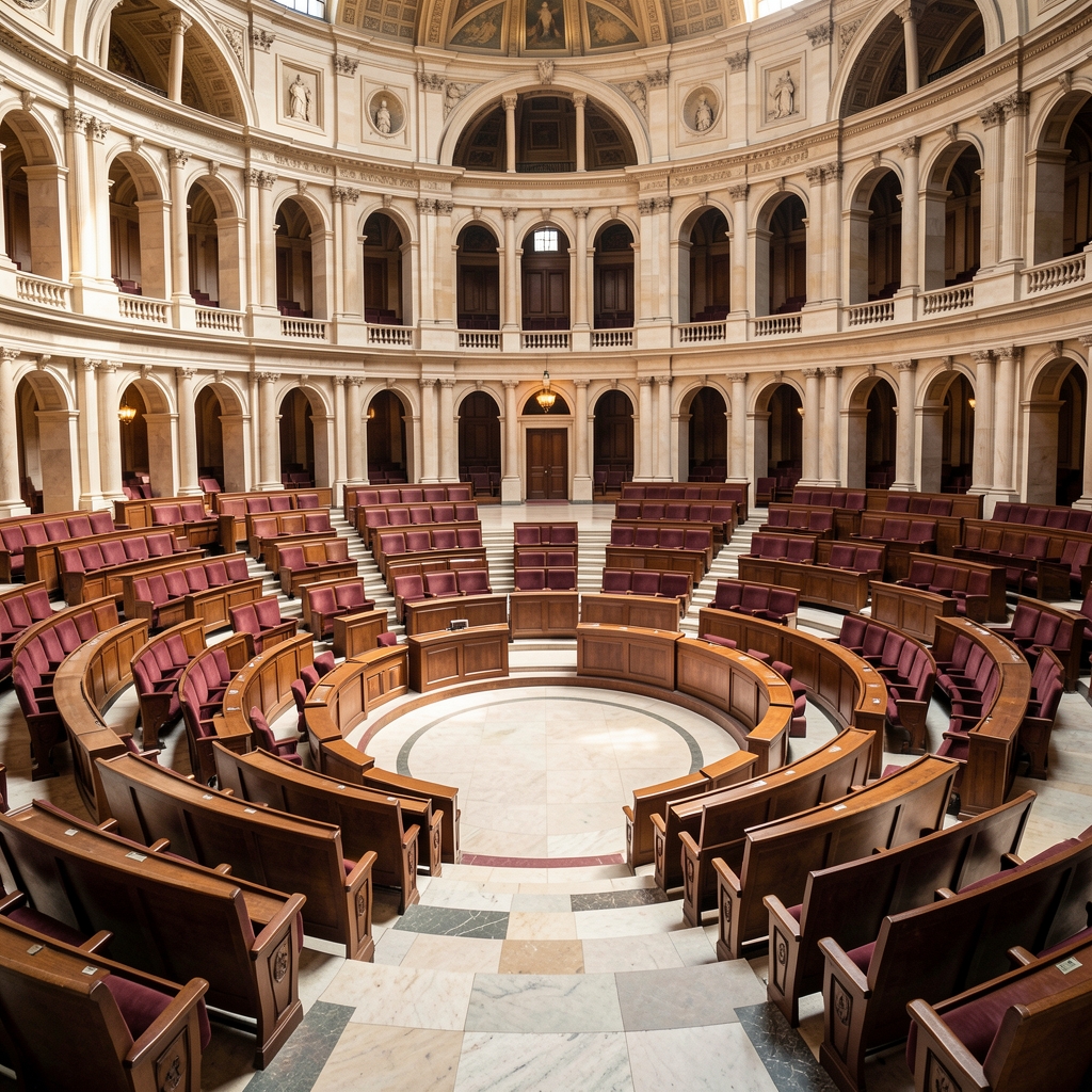 Vue en plongée de l'hémicycle de l'Assemblée nationale française avec des élus en séance pendant le débat budgétaire, lumières institutionnelles et ambiance solennelle