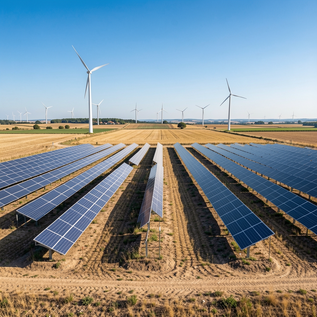 Champ de panneaux solaires photovoltaïques dans une campagne du sud de la France, rangées alignées sur terrain dégagé avec des éoliennes en arrière-plan et ciel bleu dégagé