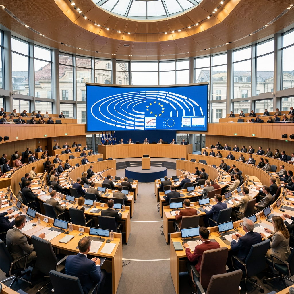 Salle de plénière du Parlement européen à Strasbourg lors d'un vote, hémicycle illuminé avec les eurodéputés en séance et le logo de l'UE affiché en fond