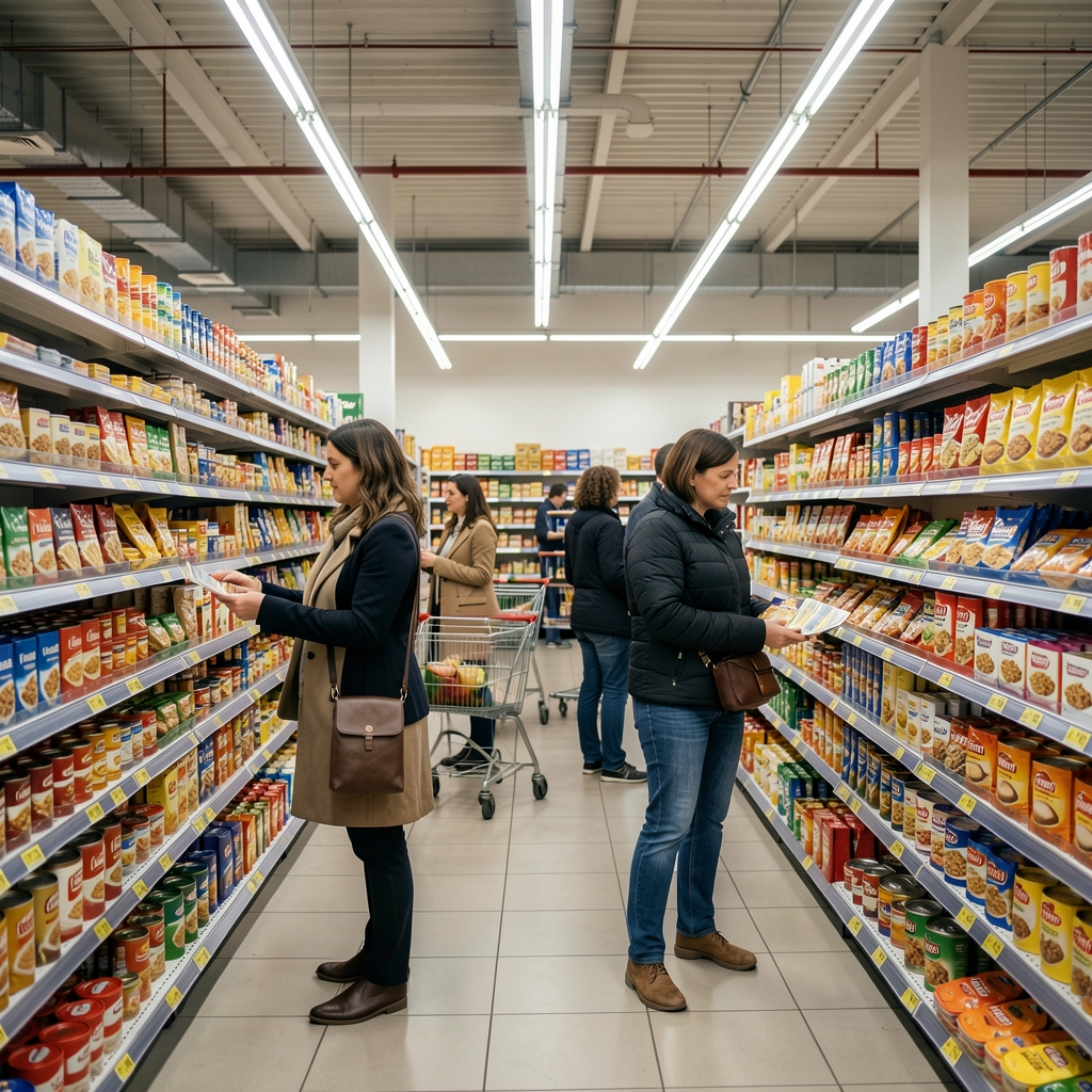 Rayon de supermarché français avec des consommateurs comparant les prix de produits alimentaires, étiquettes de prix bien visibles et lumières fluorescentes