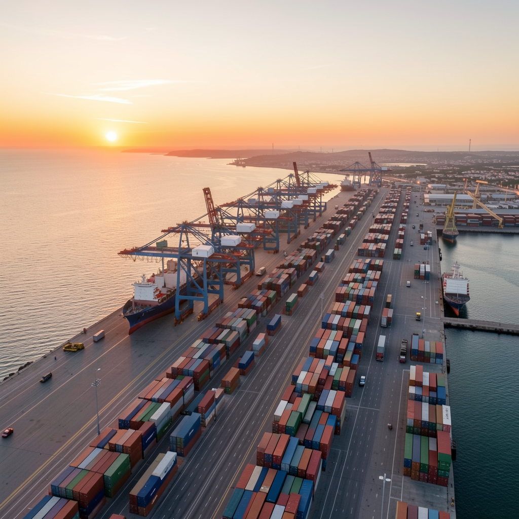 Vue aérienne du Grand Port Maritime de Marseille-Fos au lever du soleil, grues portuaires et containers de fret international alignés le long des quais