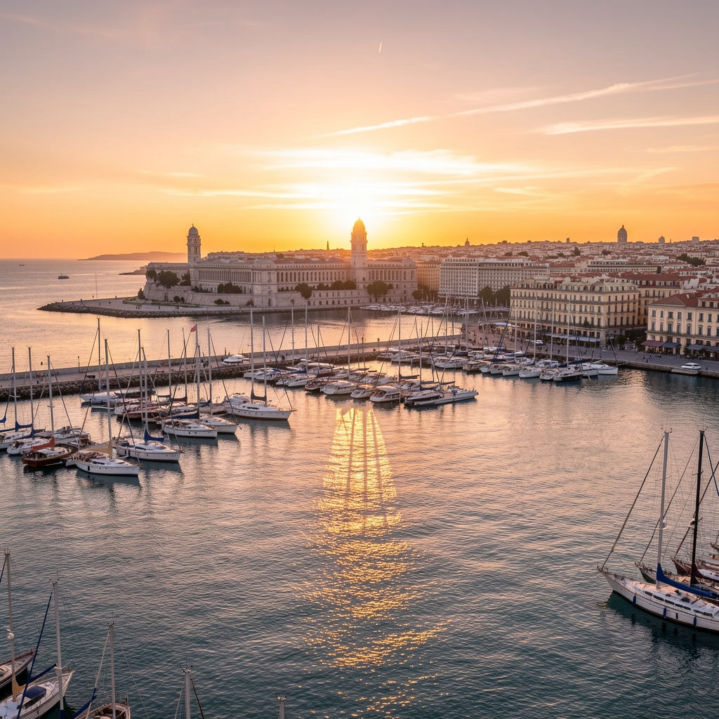 Vue panoramique du Vieux-Port de Marseille au coucher du soleil avec la Basilique Notre-Dame de la Garde en arrière-plan, bateaux à voile et reflets dorés sur l'eau