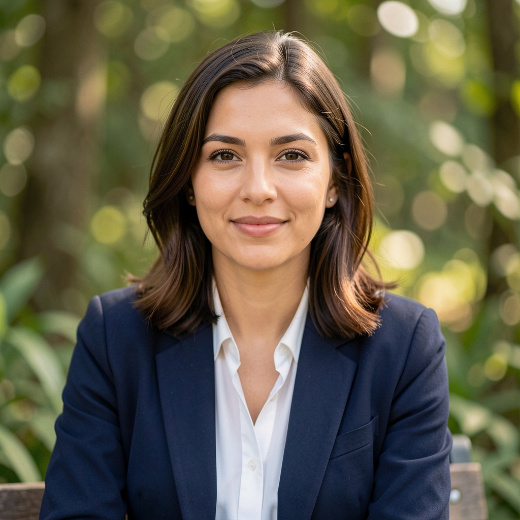 Portrait de Claire Dubois, journaliste environnement de Draskel, photographiée en extérieur dans un cadre naturel verdoyant