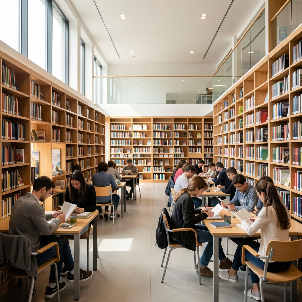 Bibliothèque universitaire française moderne avec étudiants lisant et travaillant, rayonnages de livres et lumière naturelle abondante