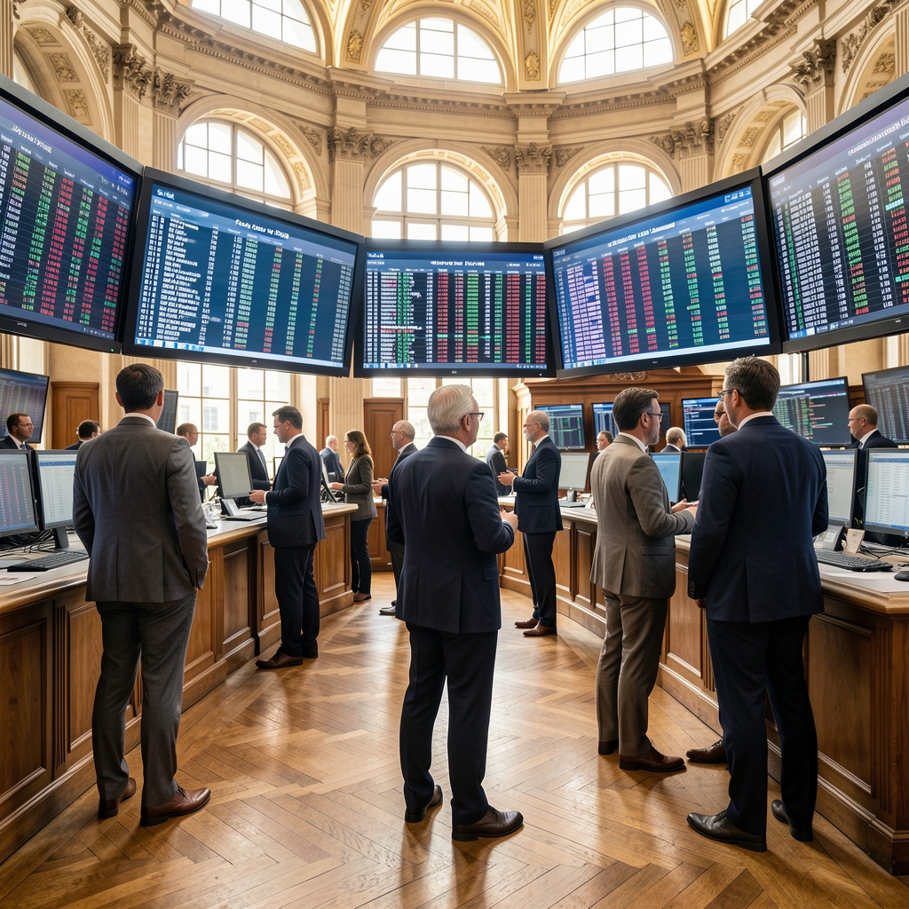 Traders sur un parquet boursier parisien regardant des écrans affichant les cours de la Bourse de Paris dans une salle lumineuse