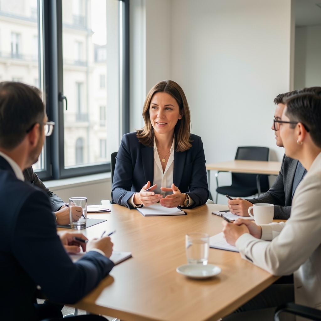 Femme entrepreneur française dirigeant une réunion d'équipe dans un espace de travail moderne et lumineux avec tableaux de bord numériques