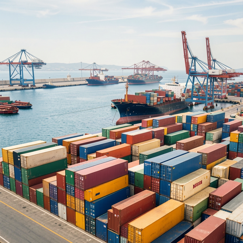 Conteneurs maritimes colorés empilés dans le port de Marseille-Fos avec grues portuaires et navires de commerce à l'horizon
