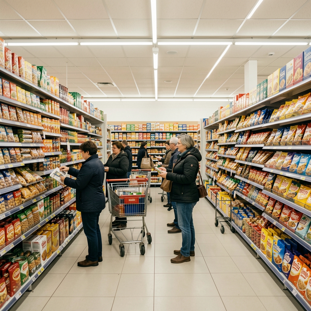Supermarché français avec rayons remplis et clients comparant les prix, illustrant le contexte d'inflation alimentaire en France