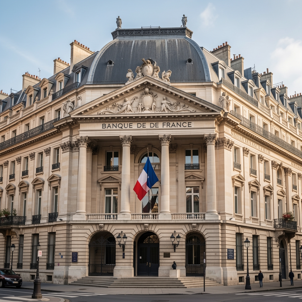 Bâtiment de la Banque de France à Paris avec son architecture haussmannienne classique, colonnes de pierre et drapeau national