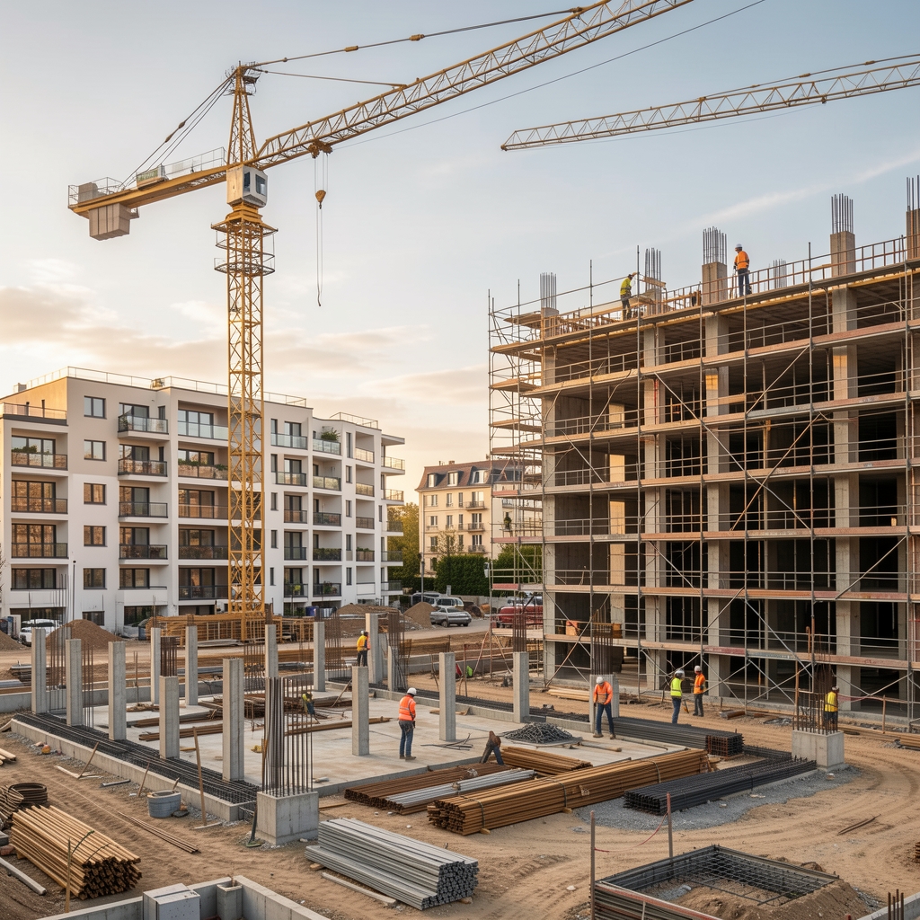 Chantier de construction immobilière en France avec grues, immeubles en cours de construction et ouvriers au travail sur échafaudages