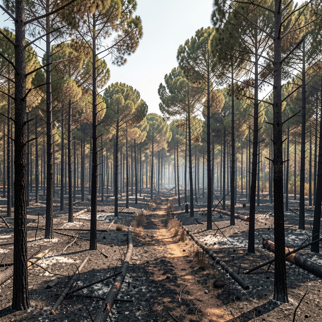 Forêt de pins endommagée par un incendie dans le sud de la France avec arbres calcinés et paysage de cendres, illustrant les risques climatiques