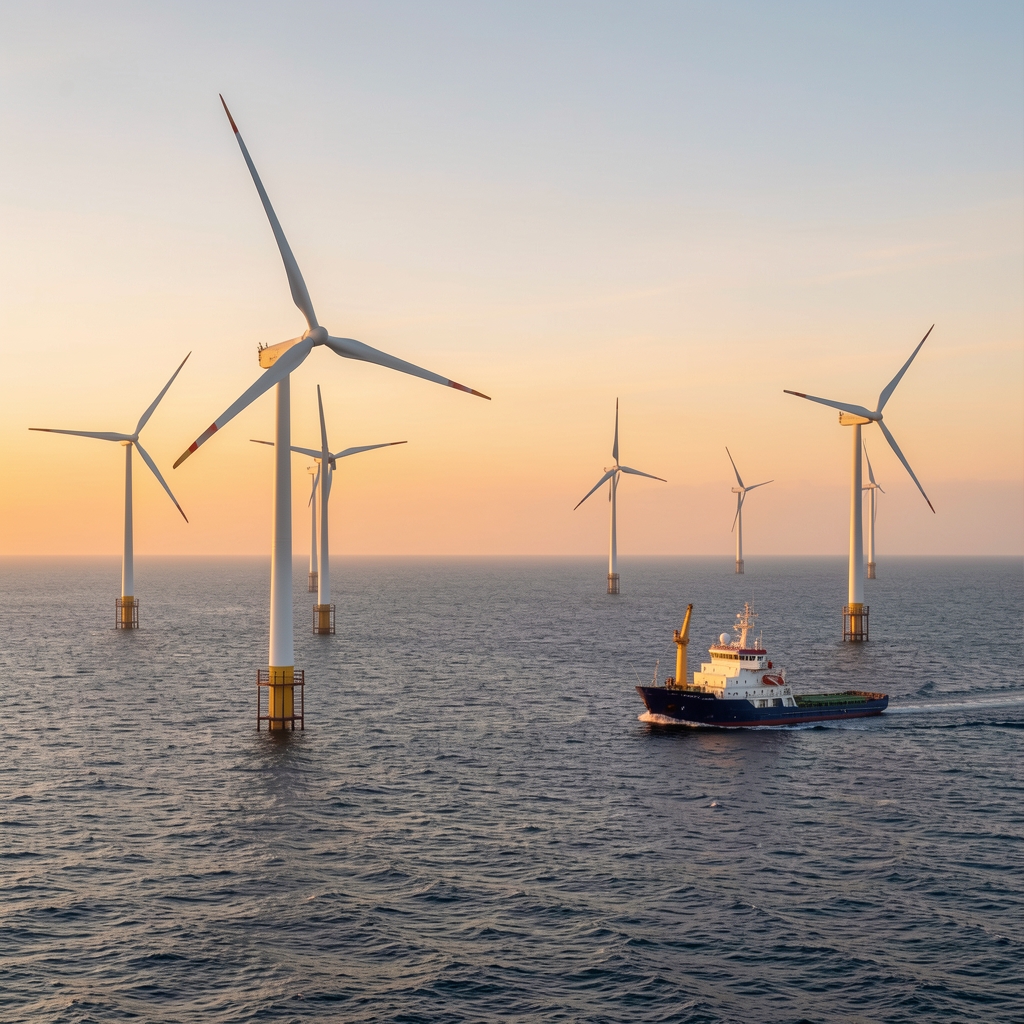 Champ éolien offshore en mer du Nord avec turbines blanches et navire de maintenance sur mer calme au lever du soleil