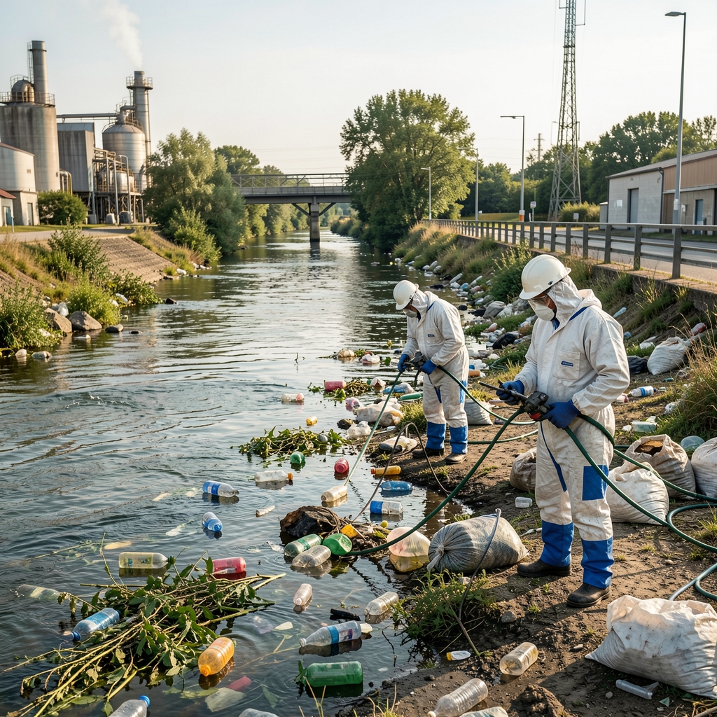 Rivière française polluée avec des industriels en combinaisons de protection effectuant des mesures de qualité de l'eau sur berge