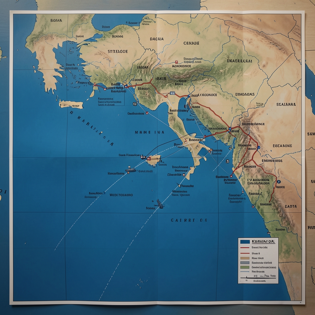 Carte stratégique de la Méditerranée avec routes maritimes, zones économiques exclusives et bases navales indiquées sur fond bleu