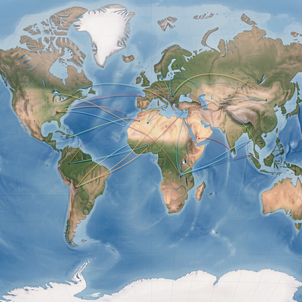 Graphique illustrant les flux commerciaux mondiaux entre continents avec lignes reliant les principales économies mondiales sur carte