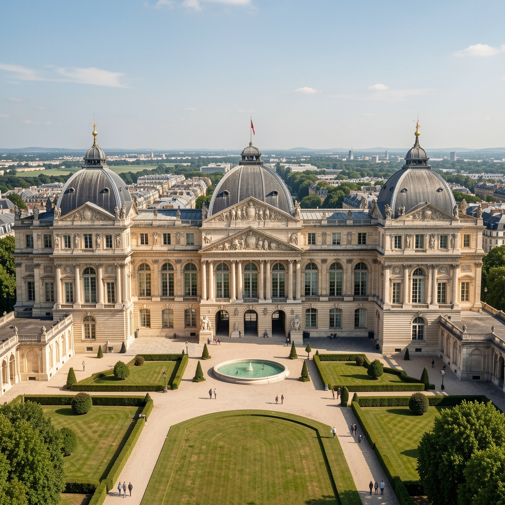 Vue panoramique du Palais de l'Élysée à Paris au coucher du soleil avec les drapeaux français en façade, symbole du pouvoir exécutif français