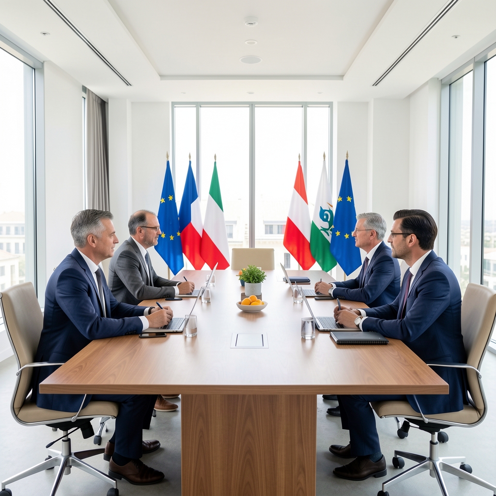 Réunion diplomatique entre représentants européens et méditerranéens dans une salle de conférence officielle avec drapeaux nationaux
