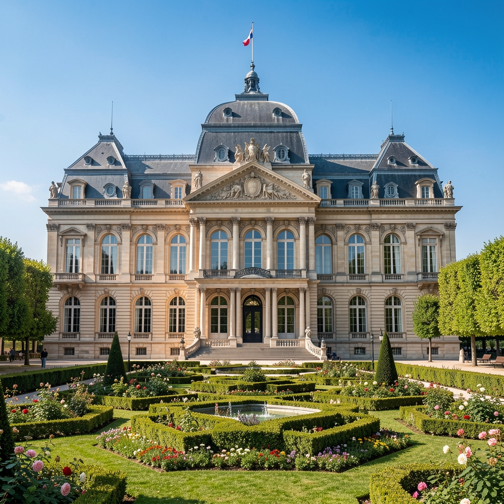 Vue de la façade du Sénat français au Palais du Luxembourg avec jardins soignés et ciel bleu, siège de la chambre haute française
