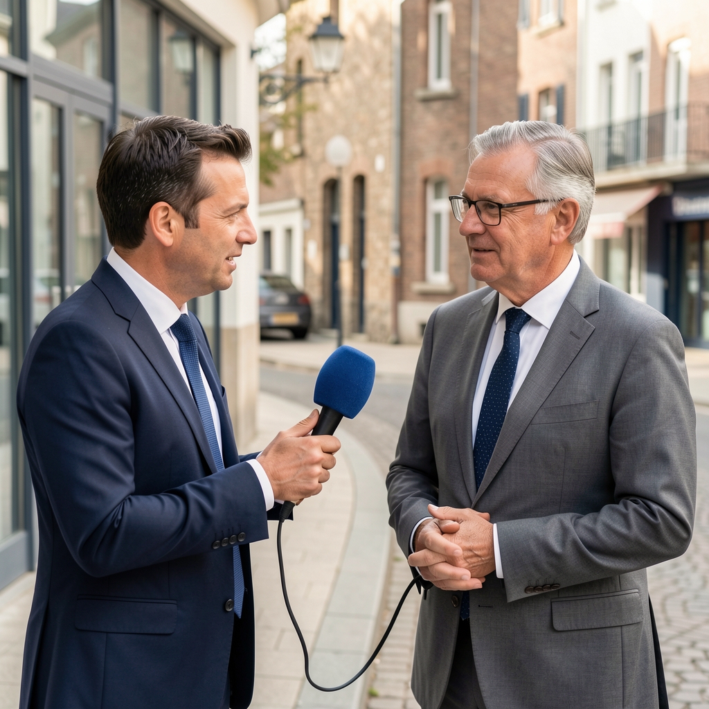 Journaliste politique interviewant un élu local lors d'une conférence de presse dans une salle municipale française