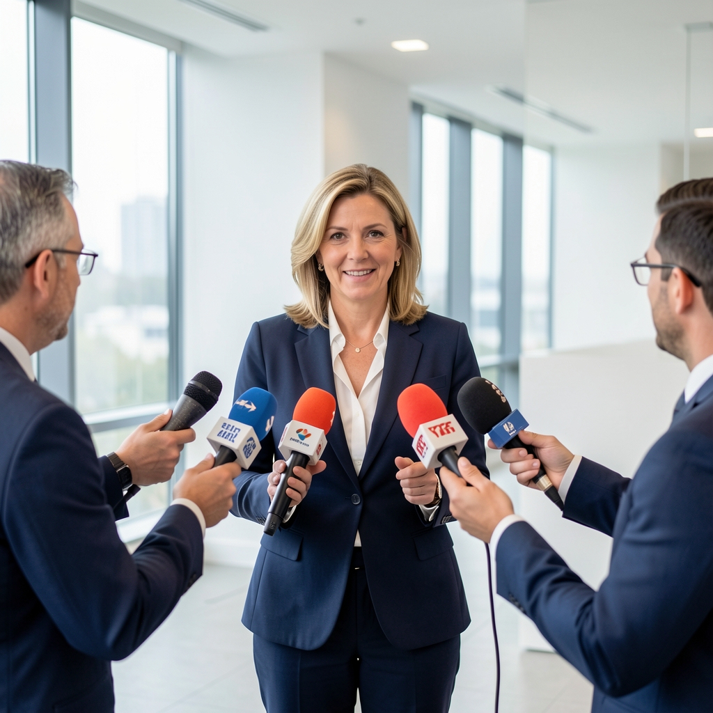 Ministre des Finances devant des journalistes lors d'une conférence de presse dans les locaux de Bercy, bâtiment du ministère visible en arrière-plan
