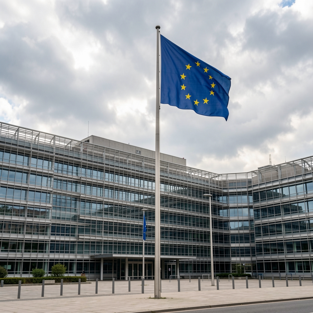 Bâtiment de la Commission européenne à Bruxelles sous un ciel nuageux avec le drapeau européen au premier plan