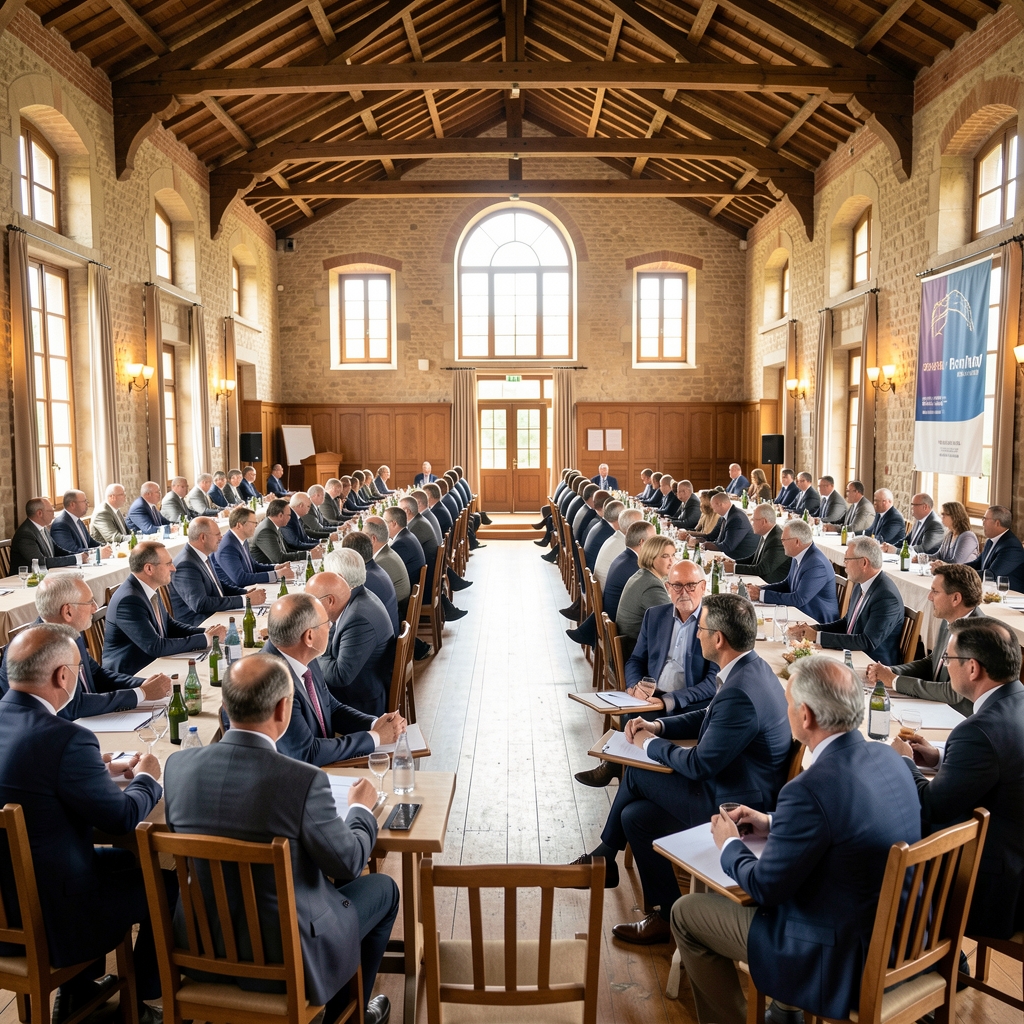 Élus et conseillers municipaux réunis en assemblée dans une grande salle des fêtes d'une mairie de ville de province française