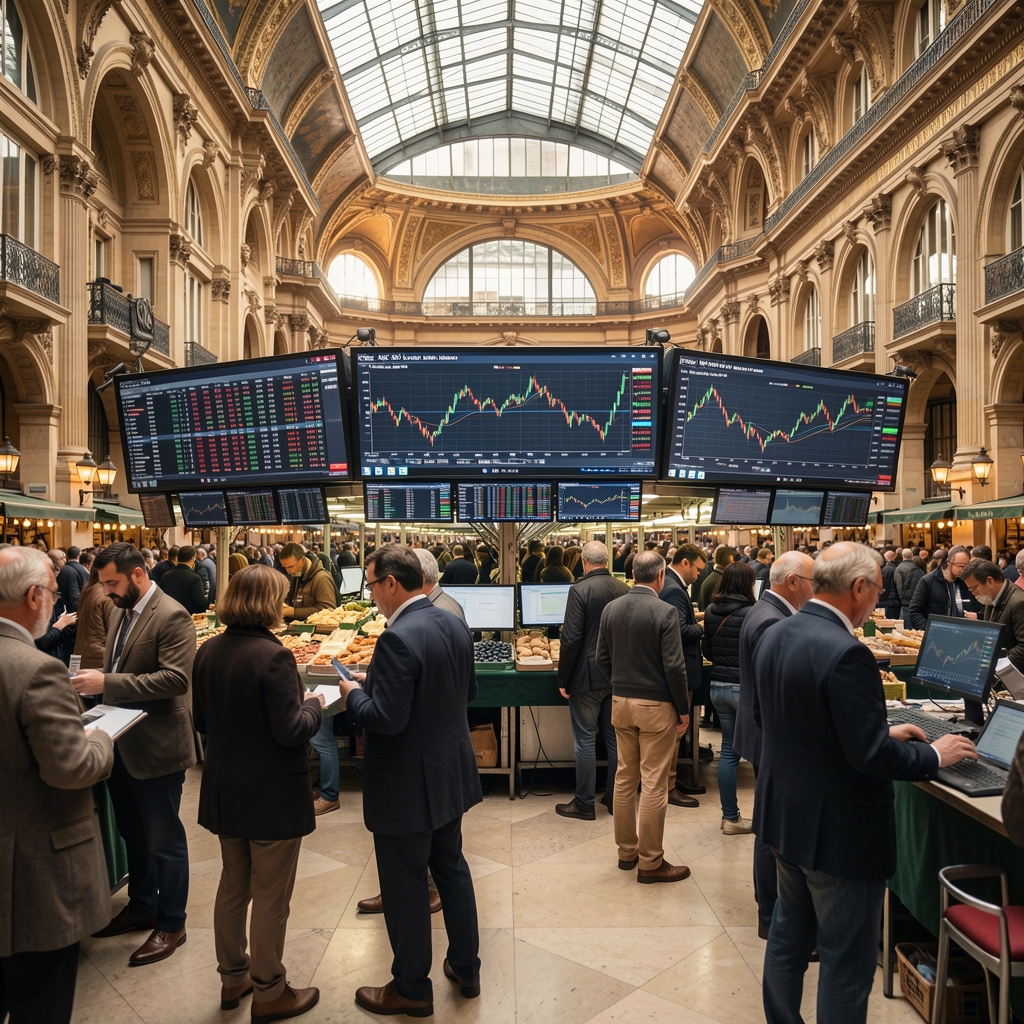 Salle de marché de la Bourse de Paris avec traders devant plusieurs écrans affichant des graphiques boursiers en temps réel