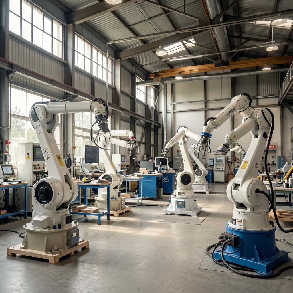 Atelier de production industrielle française avec des robots d'assemblage et des ouvriers spécialisés dans une usine moderne et lumineuse