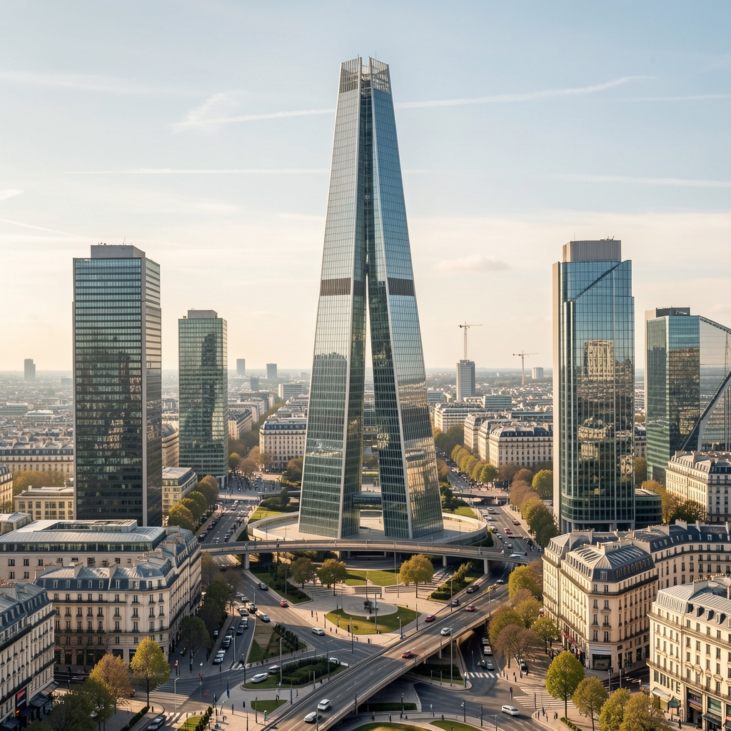 Vue de la tour La Défense à Paris avec les buildings financiers et le quartier d'affaires en arrière-plan au lever du soleil