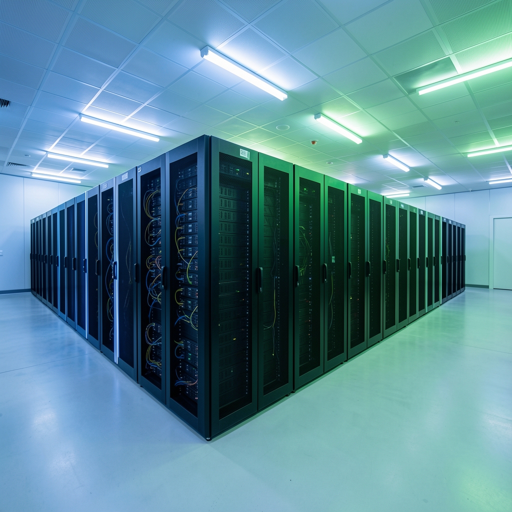 Data center moderne avec rangées de serveurs informatiques dans une salle climatisée aux lumières bleues et vertes
