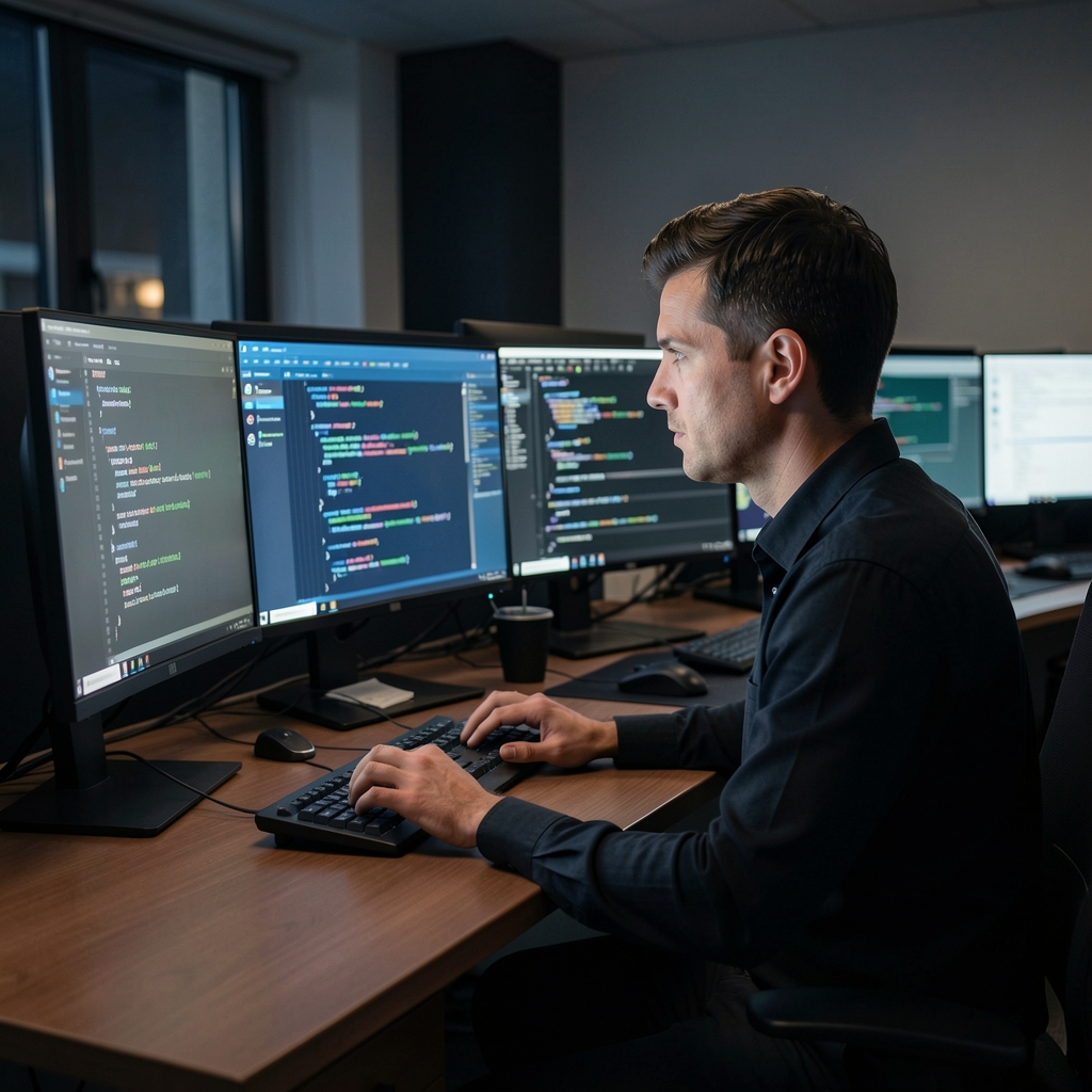 Ingénieur informatique travaillant sur du code de sécurité informatique dans un bureau sombre éclairé par plusieurs écrans