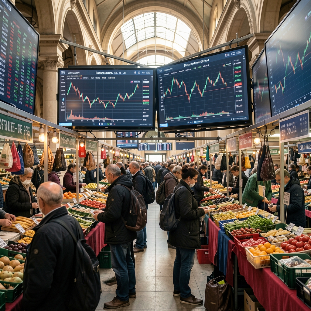 Salle de marché boursière avec des écrans affichant des courbes de fluctuation des indices financiers français et européens