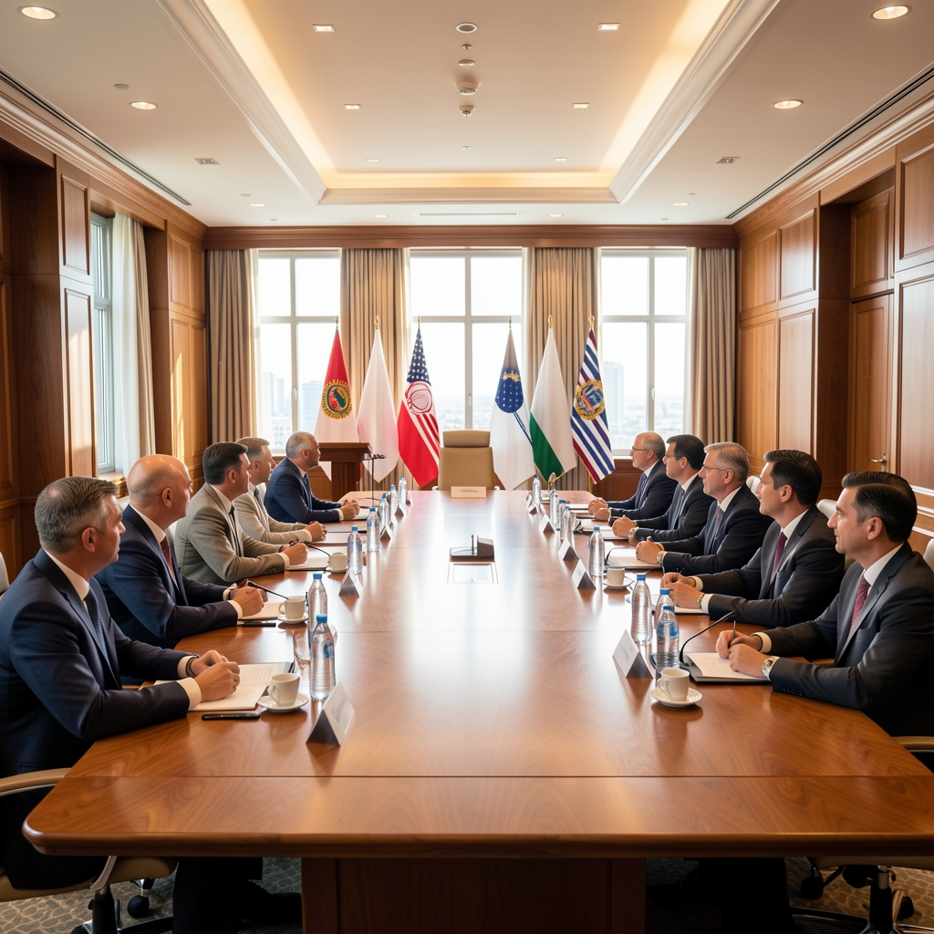 Salle de conférence internationale avec délégués assis autour d'une table ronde et drapeaux de différentes nations en arrière-plan