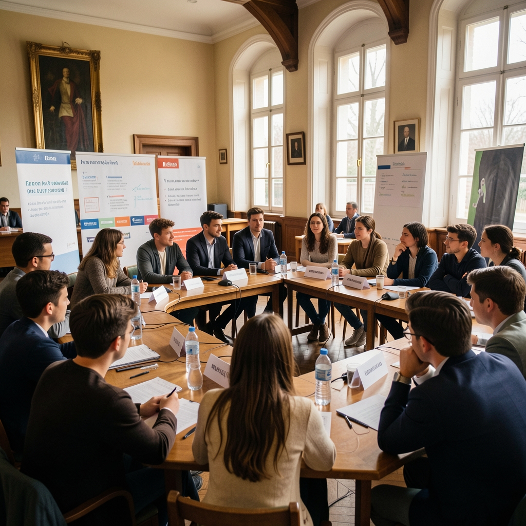Jeunes citoyens français participant à un forum de débat public dans une salle municipale avec des panneaux de discussion