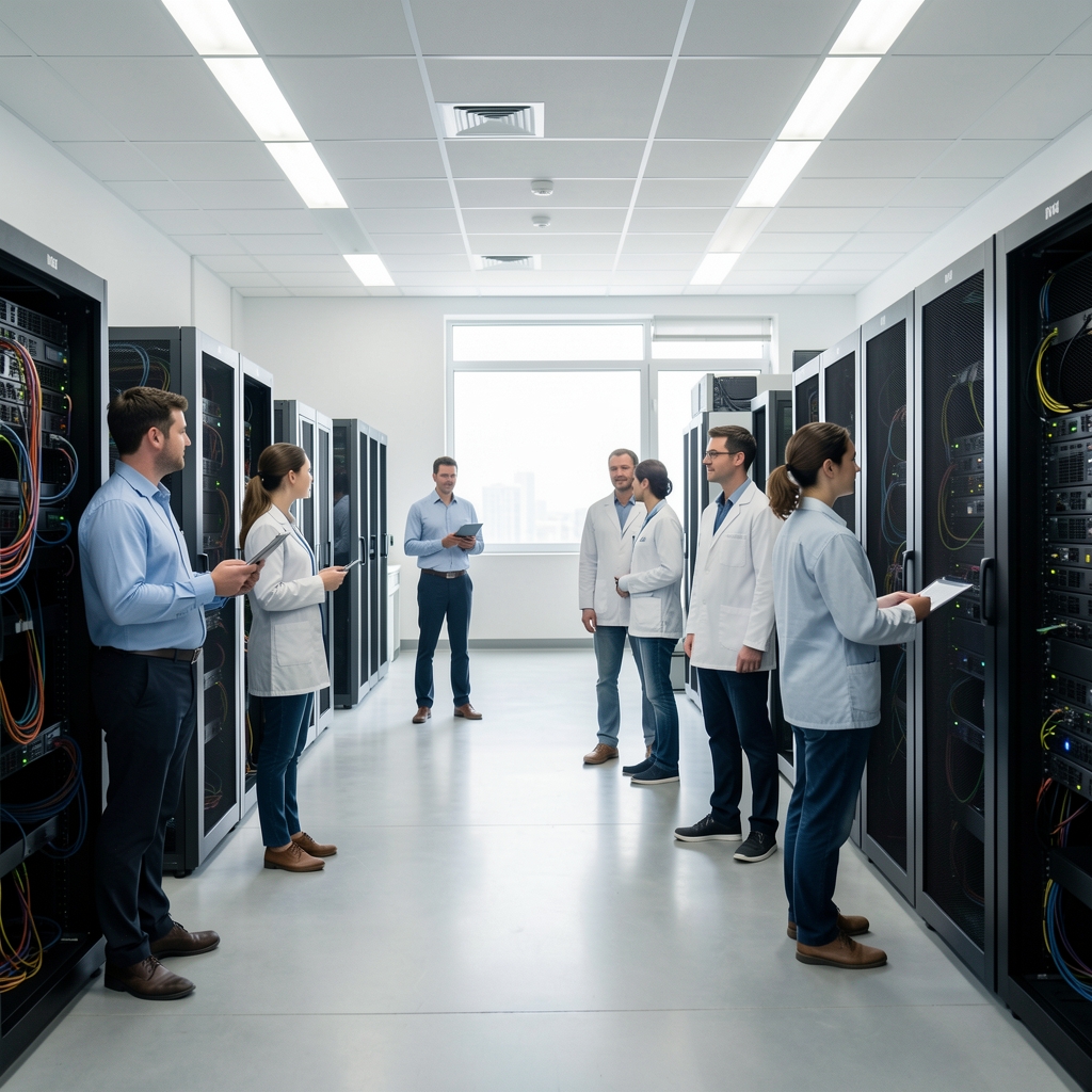 Laboratoire de recherche en intelligence artificielle avec chercheurs devant des serveurs informatiques modernes dans un environnement épuré