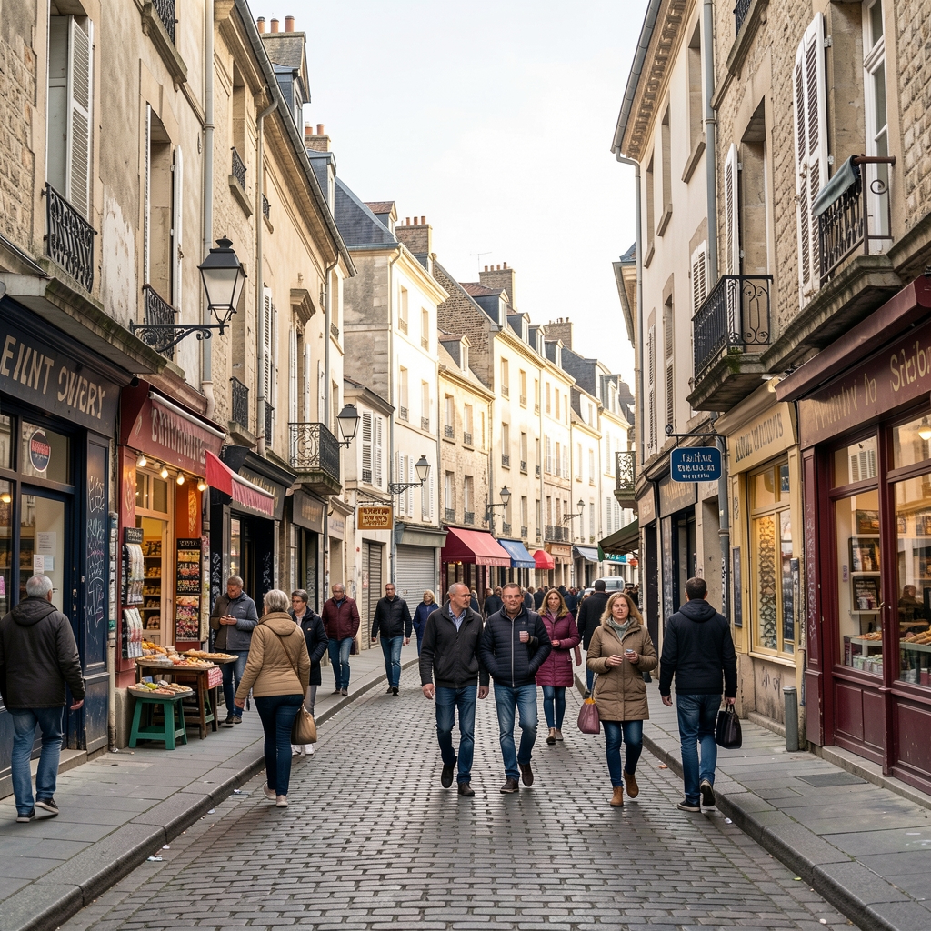 Quartier urbain défavorisé en France avec habitations anciennes, commerces de proximité et habitants dans une rue animée